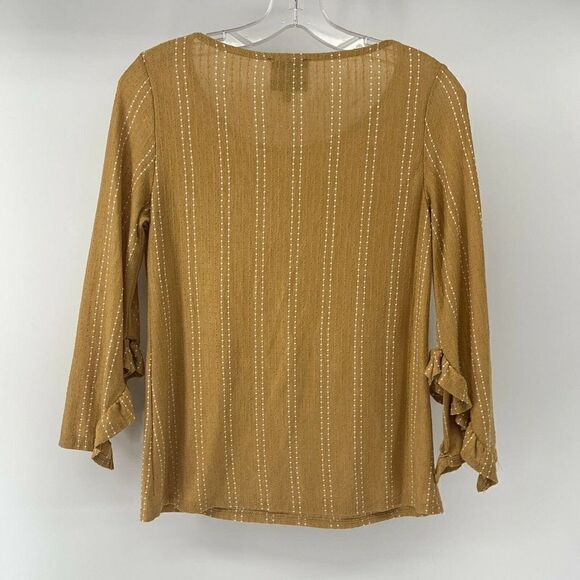 W5 Marigold Yellow 3/4 Sleeve Ruffle Striped Top S - Picture 4 of 5